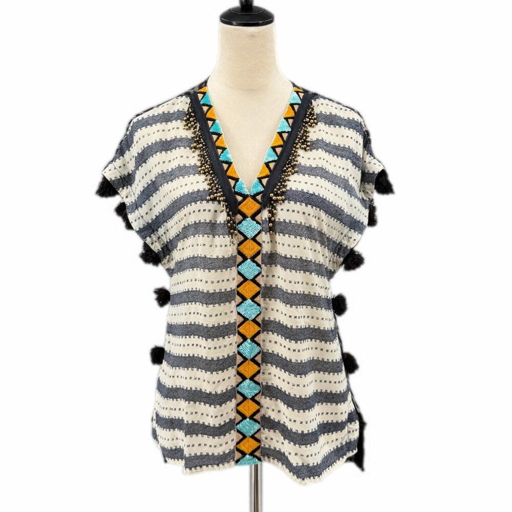 Floreat Anthropologie Fringe Beaded Sequin Embroidered Tassel Embellished Top